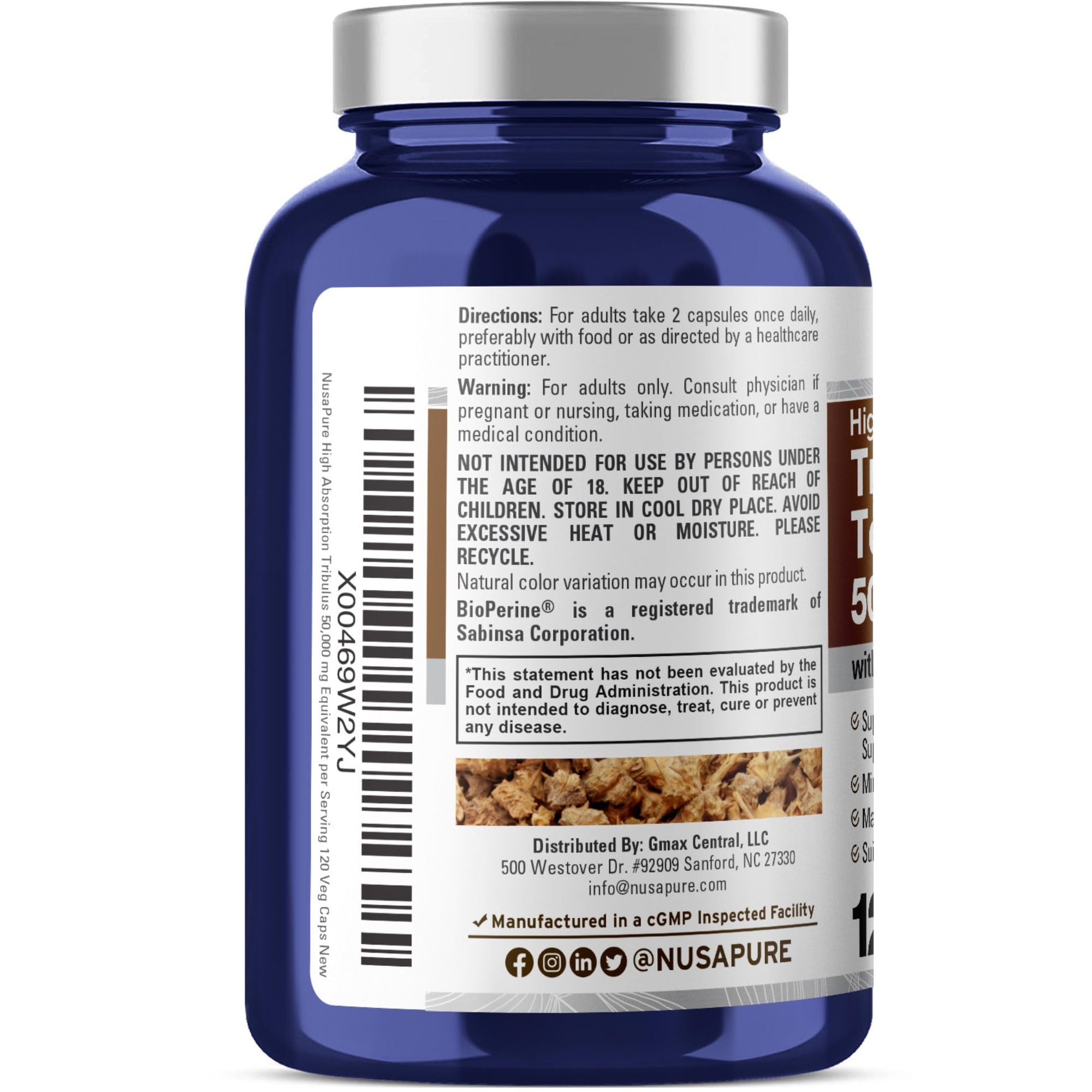 NusaPure Tribulus Terrestris 50:1 Extract, 1000 mg Equivalent to 50,000mg| 120 Veggie Caps | 95% Steroidal Saponins | Non-GMO, Bioperine & Vegan NusaPureBuy Supplements Australia