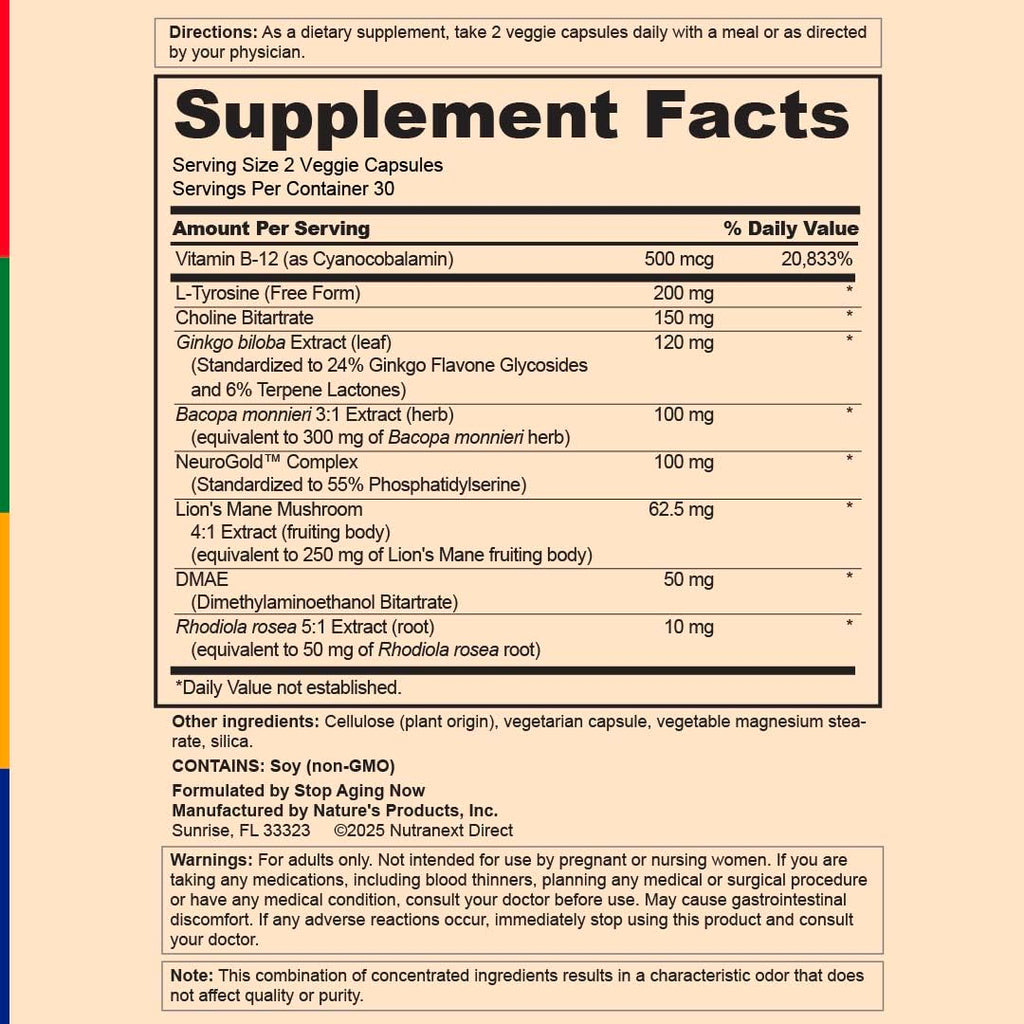Stop Aging Now - Brain Supplement Complex - with Ginkgo Biloba, Lion's Mane, Bacopa, and DMAE - 60 Vegetarian Capsules - Advanced Blend Stop Aging NowBuy Supplements Australia