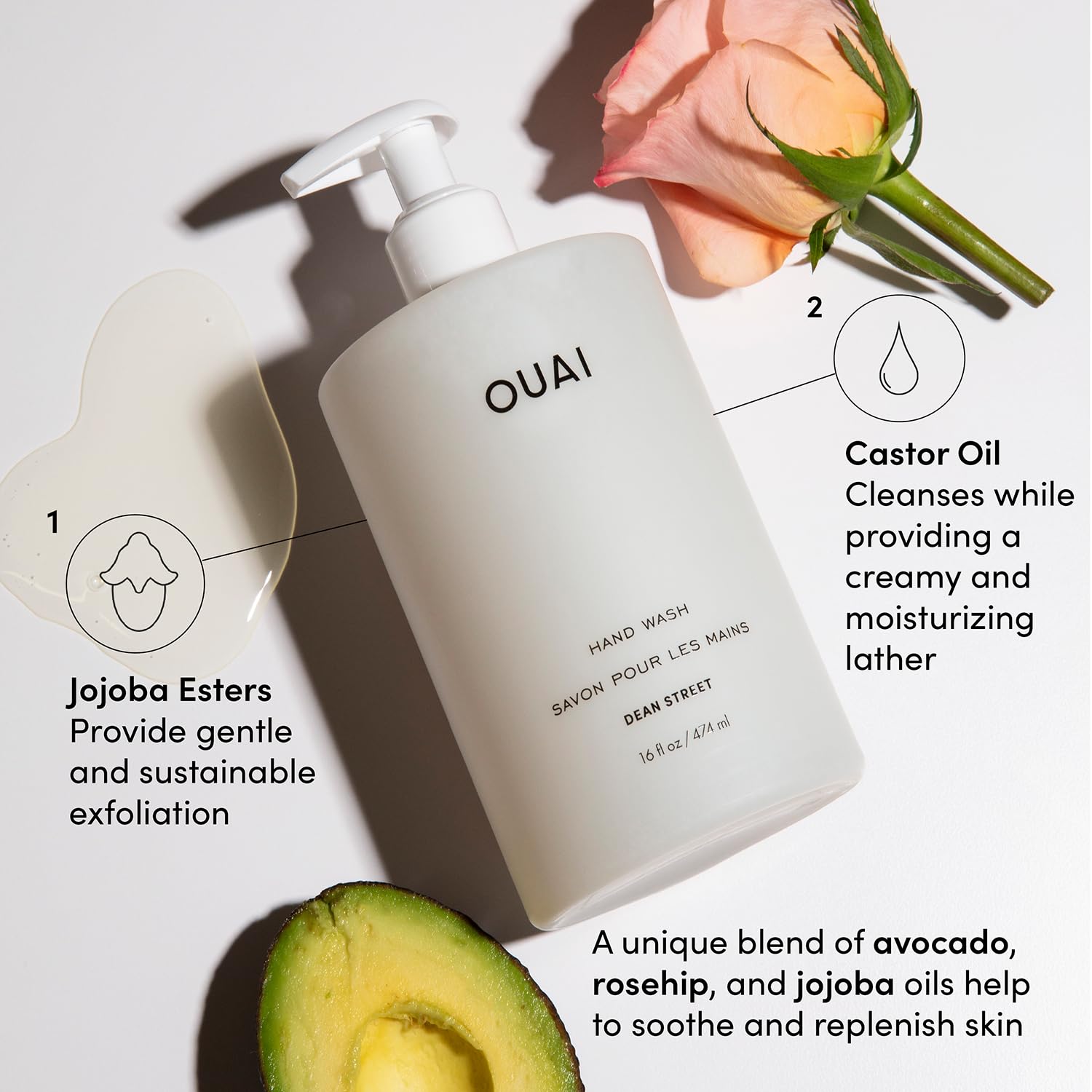 OUAI Hand Wash Full Size, Dean Street - Liquid Hand Soap with Jojoba, Avocado, & Rose Hip Oil for Replenished Skin - Gentle Exfoliating Kitchen & Bathroom Soap - (2 Pack, 16 Fl Oz Each) OUAIBuy Supplements Australia