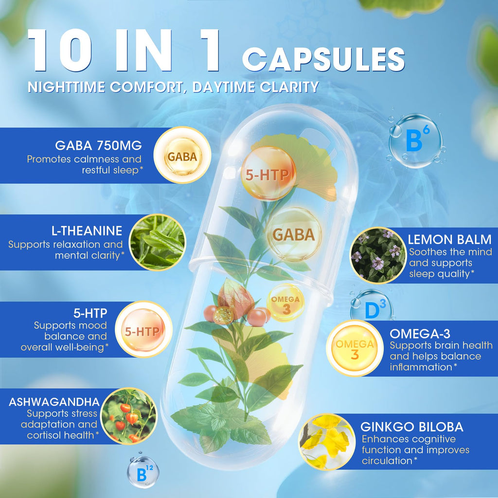 GABA Supplements 750mg with L Theanine, 5HTP, Ashwagandha, Lemon Balm, Ginkgo Biloba, Omega-3, 10 in 1 GABA Calm Capsules for Sleep, Relaxation, Focus, Mood Support, Cortisol Balance - 90CT LukareeBuy Supplements Australia