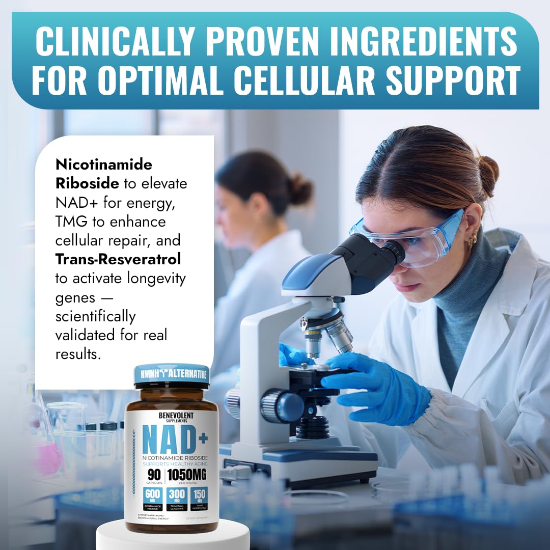 Benevolent NAD+ Supplement 1050mg, Max Absorption 3in1 NAD Supplements for Women & Men with Nicotinamide Riboside, Trans-Resveratrol & TMG, NAD Plus for Cellular Energy, Brain Support & Aging, 90 Caps Benevolent NourishmentBuy Supplements Australia