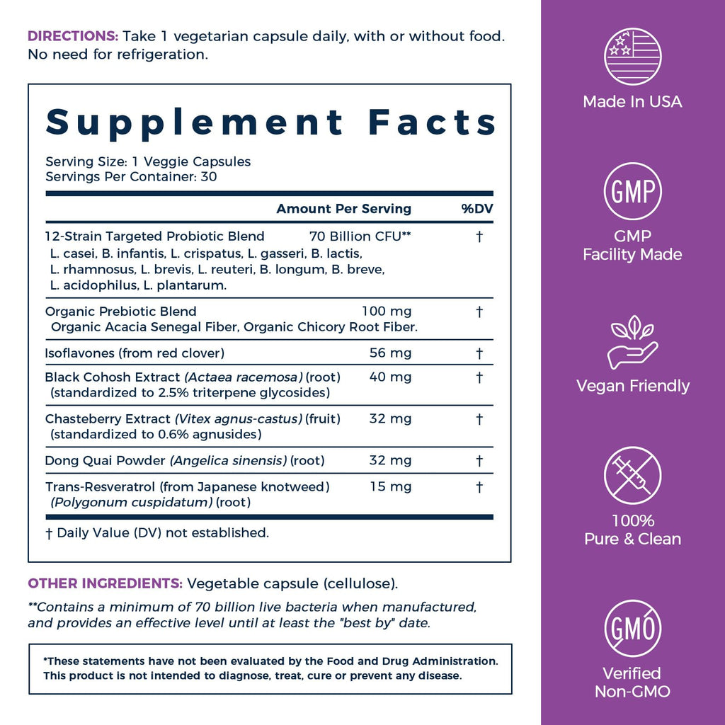 NewRhythm Menopause Probiotics for Women, 7-in-1 Relief, Prebiotics, Black Cohosh Trans-Resveratrol Chasteberry Red Clover Dong Quai, Hot Flashes Night Sweats, No Soy, No Estrogen, 30 Ct NewRhythmBuy Supplements Australia