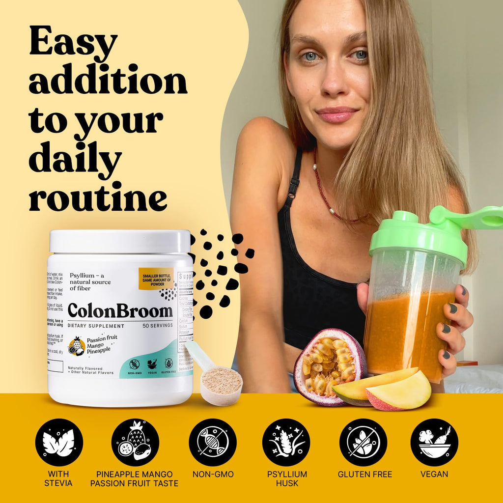 ColonBroom Psyllium Husk Powder with Stevia (Tropical Fruits) - Colon Cleanse for Bloating Relief & Gut Health - Colon Broom Fiber Powder Drink - Vegan Fiber Powder Stevia Supplement, 50 Servings ColonBroomBuy Supplements Australia