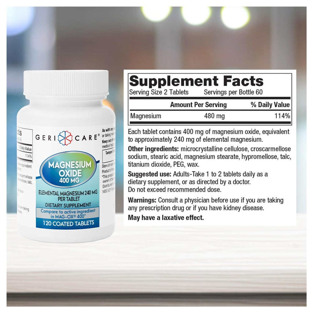 GeriCare Magnesium Oxide Supplement 240 mg of Elemental Magnesium, 120 Tablets, Essential Mineral Support, Promotes Vascular Health, Bone Strength, and Muscle Function (Pack of 1) GeriCareBuy Supplements Australia