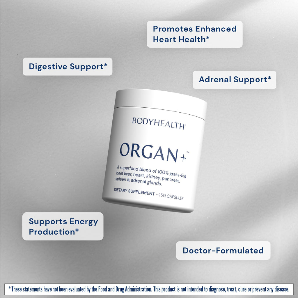 BodyHealth Organ+ Grass-Fed Glandular Organ Complex, Grassfed Beef Organ Supplement, Dessicated Beef Liver, Heart, Kidney, Pancreas, Spleen, Non GMO, Adrenal, Supplement, (150 Capsules) BodyHealthBuy Supplements Australia