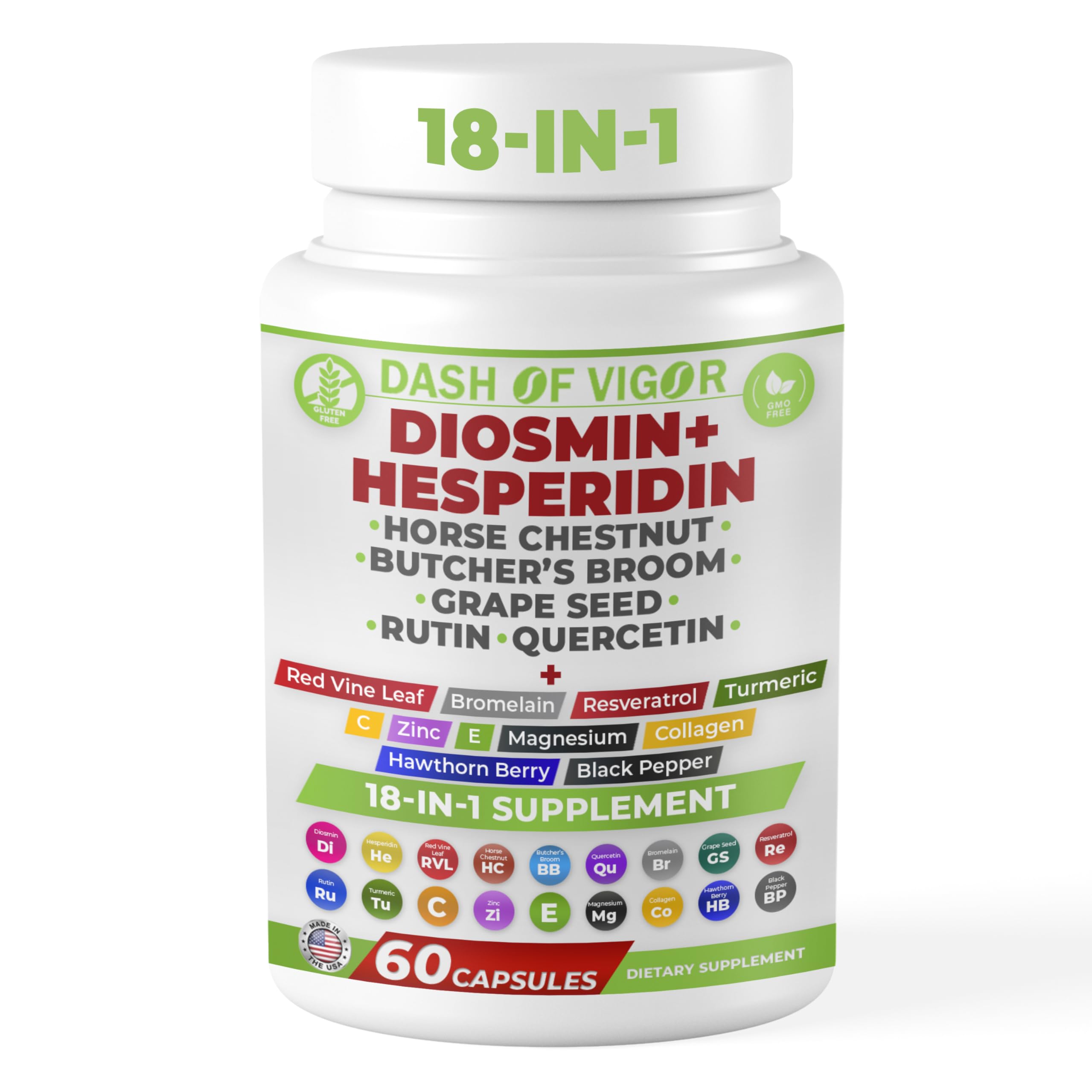 Dash of Vigor 18-in-1 Diosmin Hesperidin Supplement, Quercetin with Bromelain, Zinc, Vitamin C with Rutin Supplement, Horse Chestnut Extract, Butcher's Broom Extract, USA, 60 Capsules DASH OF VIGOR DOFVBuy Supplements Australia