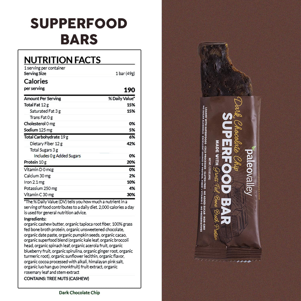Paleovalley Superfood Bars – Dark Chocolate Chip– 10 Pack – 9g Protein per Bar – Gluten-Free, Grain-Free, Paleo, Non-GMO – On-the-Go Snack PaleovalleyBuy Supplements Australia