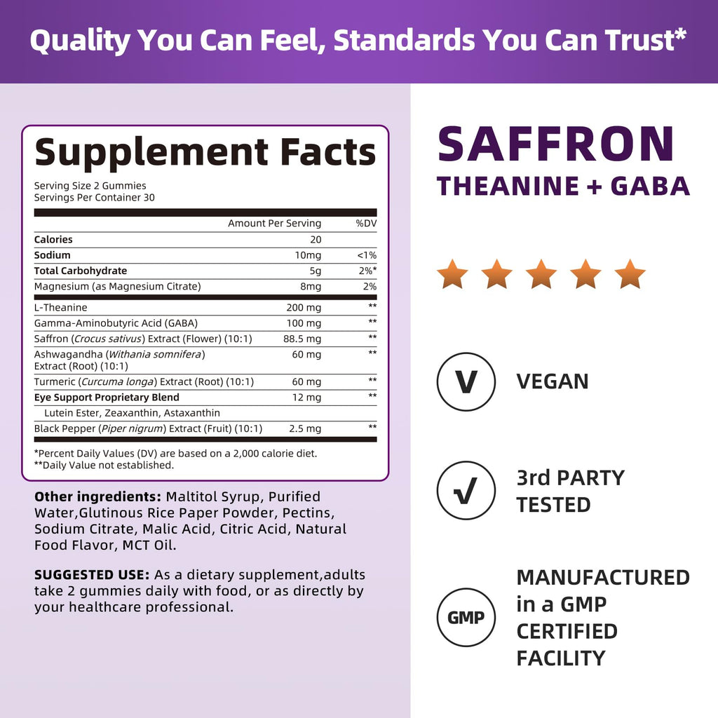 10-in-1 Saffron Supplements Gummies - Saffron Extract 88.5 mg with L-Theanine, GABA, Ashwagandha, Turmeric,Magnesium – Mood, Focus, Vision Support & Cortisol Balance, Sugar Free, Vegan, 60 Counts LukareeBuy Supplements Australia