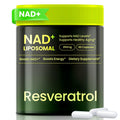 NAD+ liposomal supplement container with green lid and white capsules on a white background