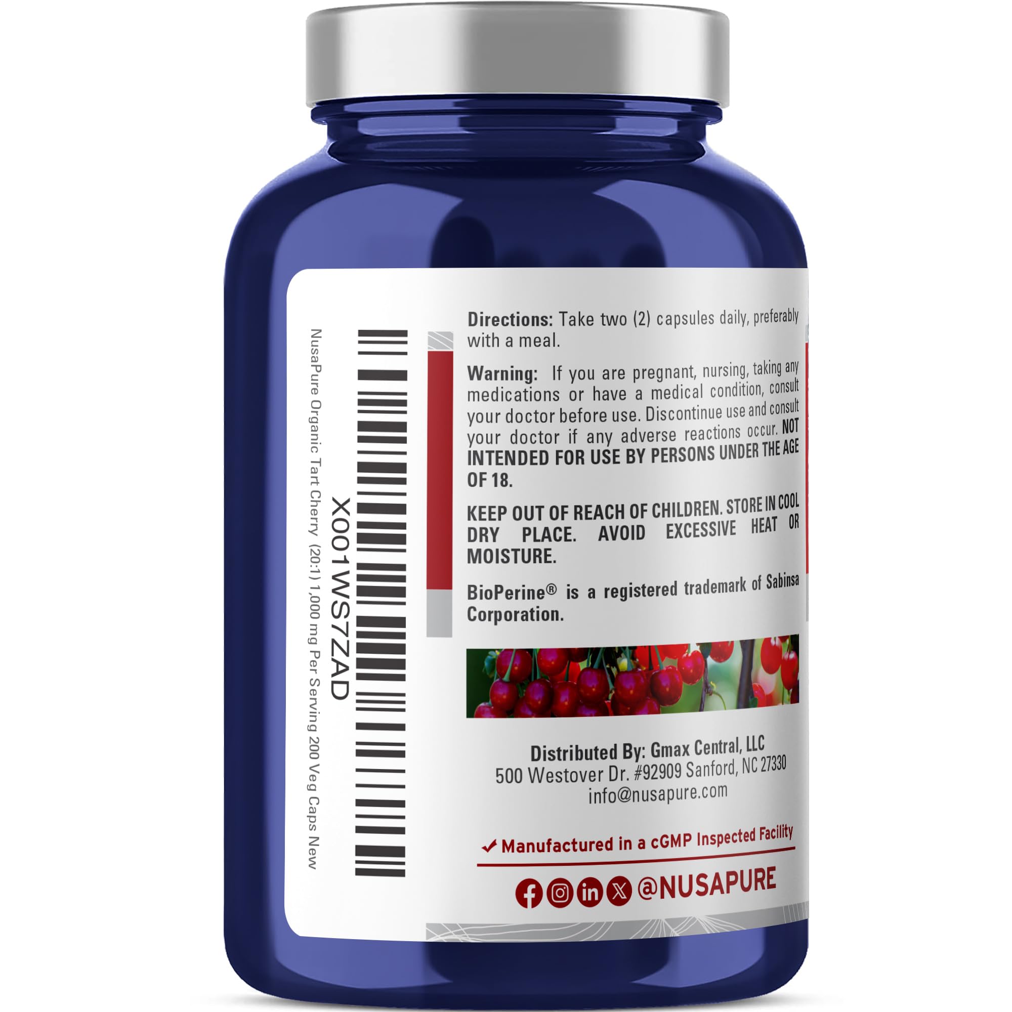NusaPure Organic Tart Cherry 20:1 Extract, 1000 mg Equivalent to 20,000 mg 200 Veggie Caps (Vegan, Non-GMO) Bioperine NusaPureBuy Supplements Australia