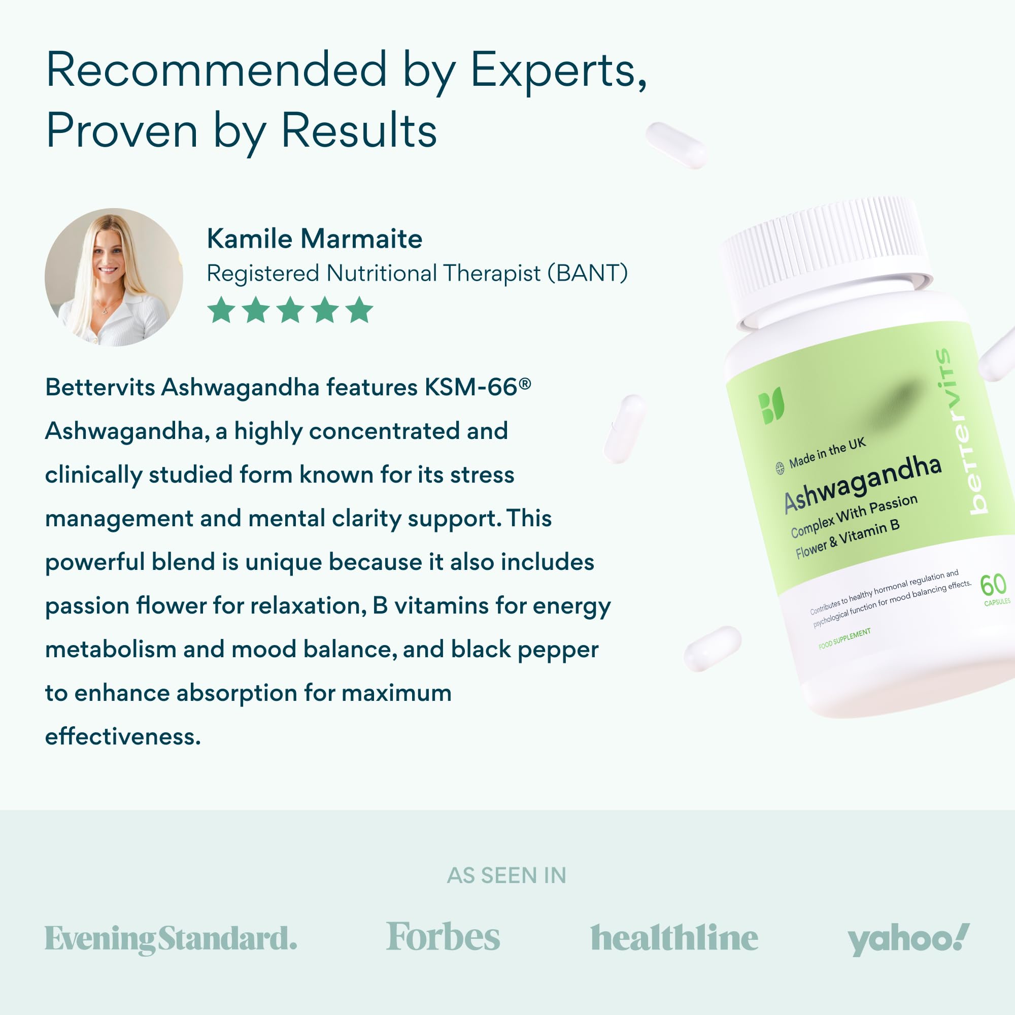Bettervits Ashwagandha Complex with Passion Flower and Vitamin B – KSM-66® Organic Root Extract 800 mg – Supports Calm, Energy and Emotional Balance – 60 Capsules BettervitsBuy Supplements Australia