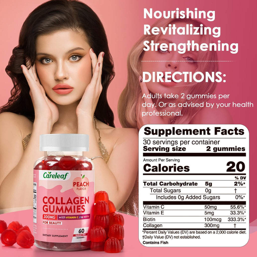 careleaf Sugar Free Collagen Gummies with Vitamin C Vitamin E Support Natural Collagen Production, Healthy Hair, Nails and Bones,Peach Flavor,60 Gummies for 30 Days Supply careleaf buy supplements Au