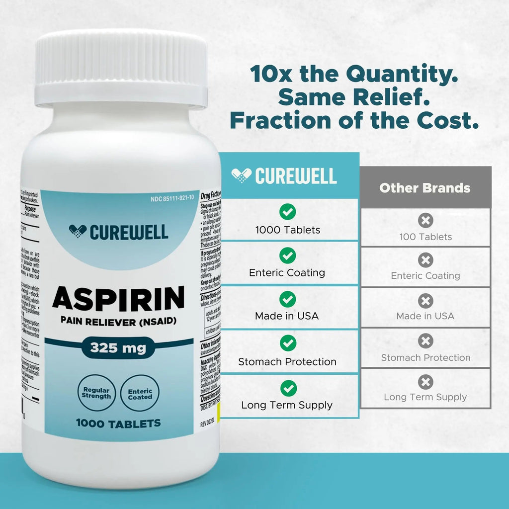 CUREWELL Enteric Coated Aspirin Tablets 325mg (1000 Count) NSAID Pain Reliever & Fever Reducer Coated Aspirin for Adults - Regular Strength for Headache Arthritis Menstrual & Muscle Pain CUREWELLBuy Supplements Australia