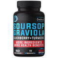 Black supplement bottle labeled 'Soursop Graviola' with colorful text on a white background
