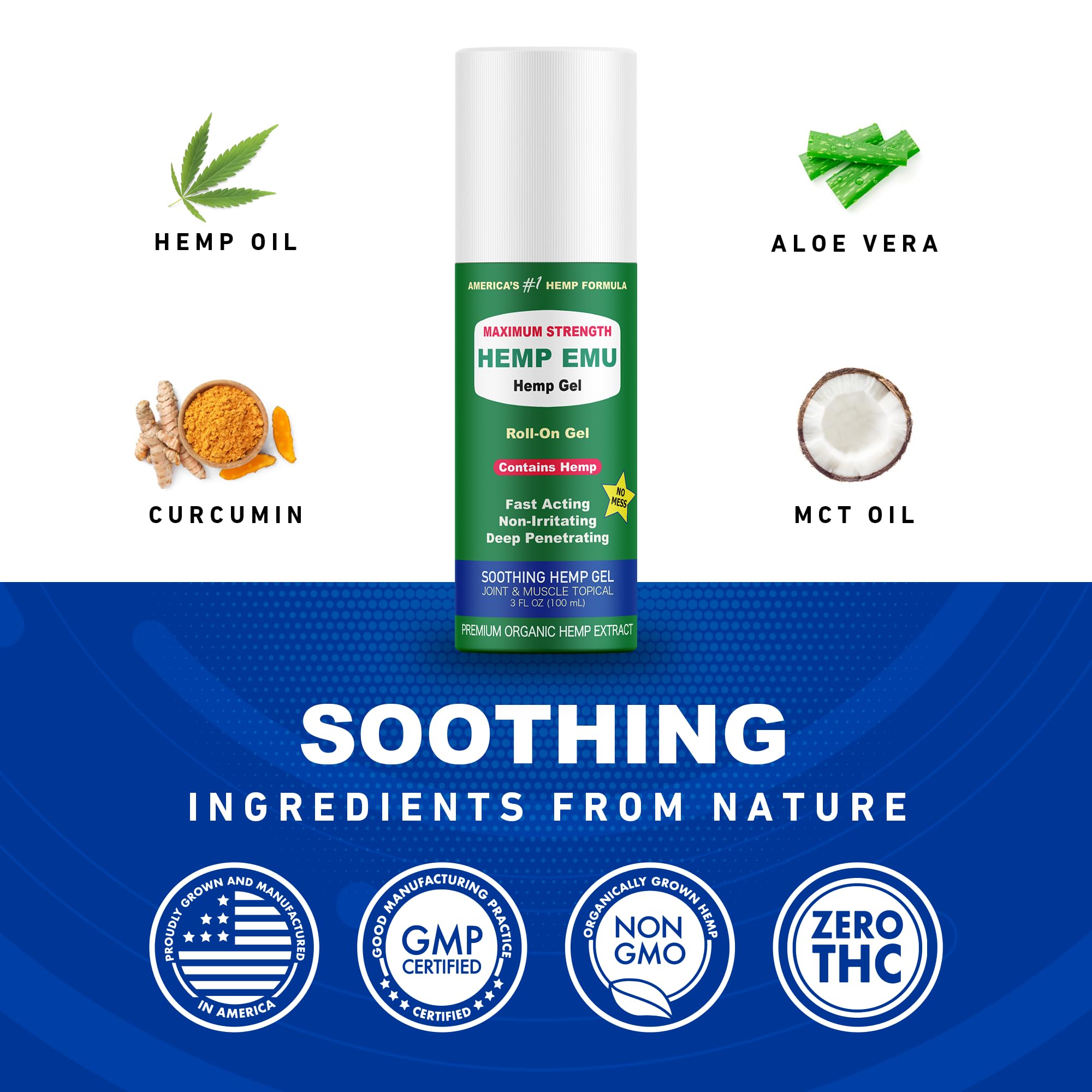 Hemp Emu - Hemp Roll On Gel - Muscle Rub for Back & Joint Discomfort - Soothing Gel with Organic Hemp Oil, Emu Oil, Menthol, Eucalyptus, Aloe Vera Hemp EmuBuy Supplements Australia