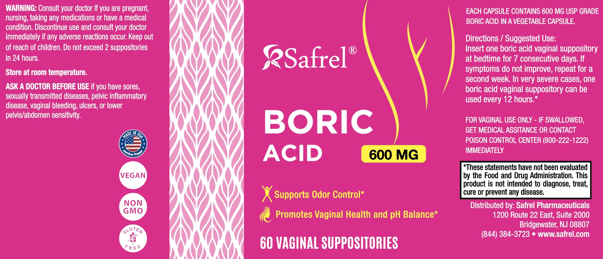Safrel Boric Acid Vaginal Suppositories - 100% Pure Made in USA - Intimate Health Support, Vaginal Health and pH, Odor Control (60 Count) SafrelBuy Supplements Australia