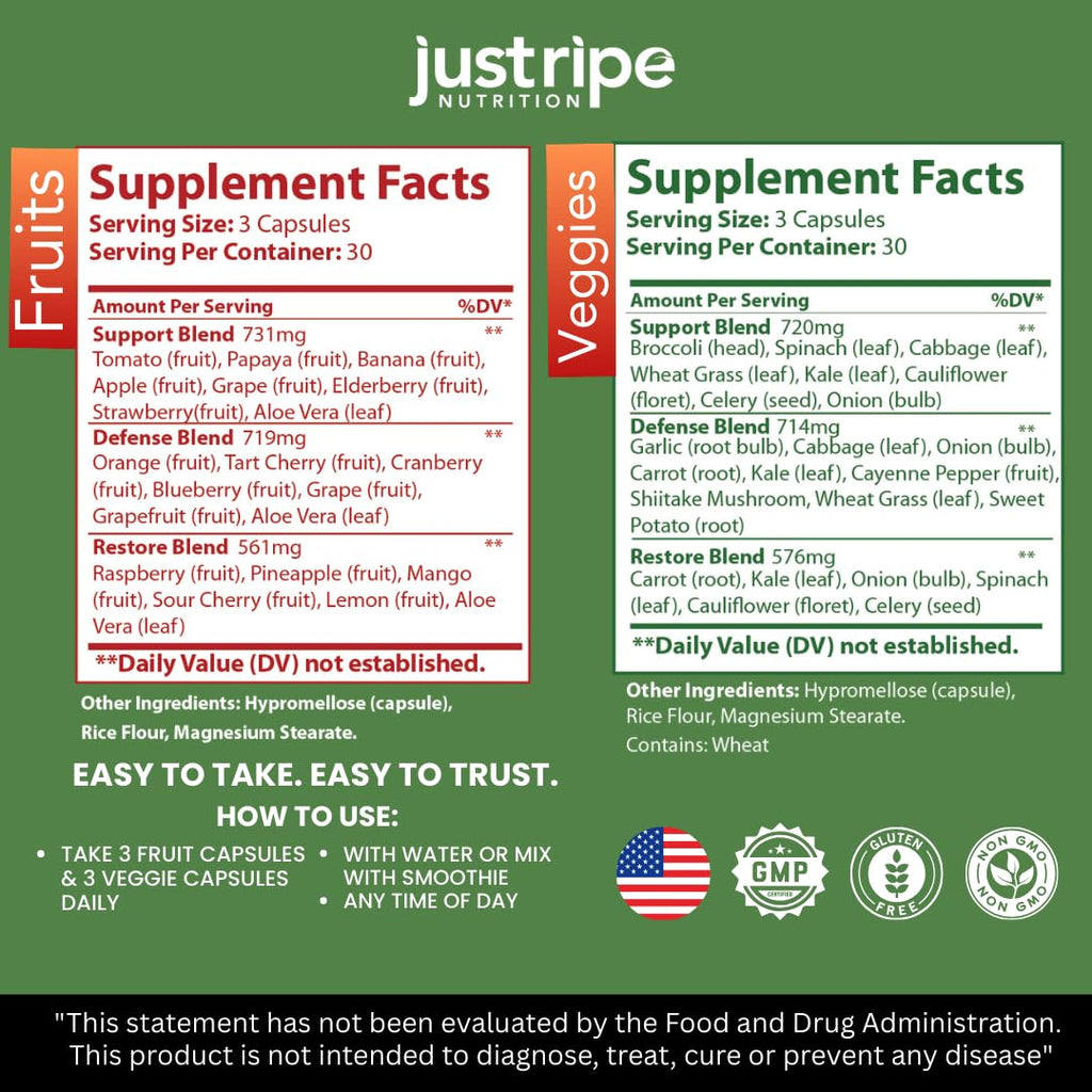 Fruits and Veggies Supplement - 90 Fruit and 90 Vegetable Capsules - 100% Whole Natural Superfood - Filled with Super Greens Vitamins and Minerals - Supports Balance Energy Levels (1 Pack) Just Ripe Nutrition buy supplements Au