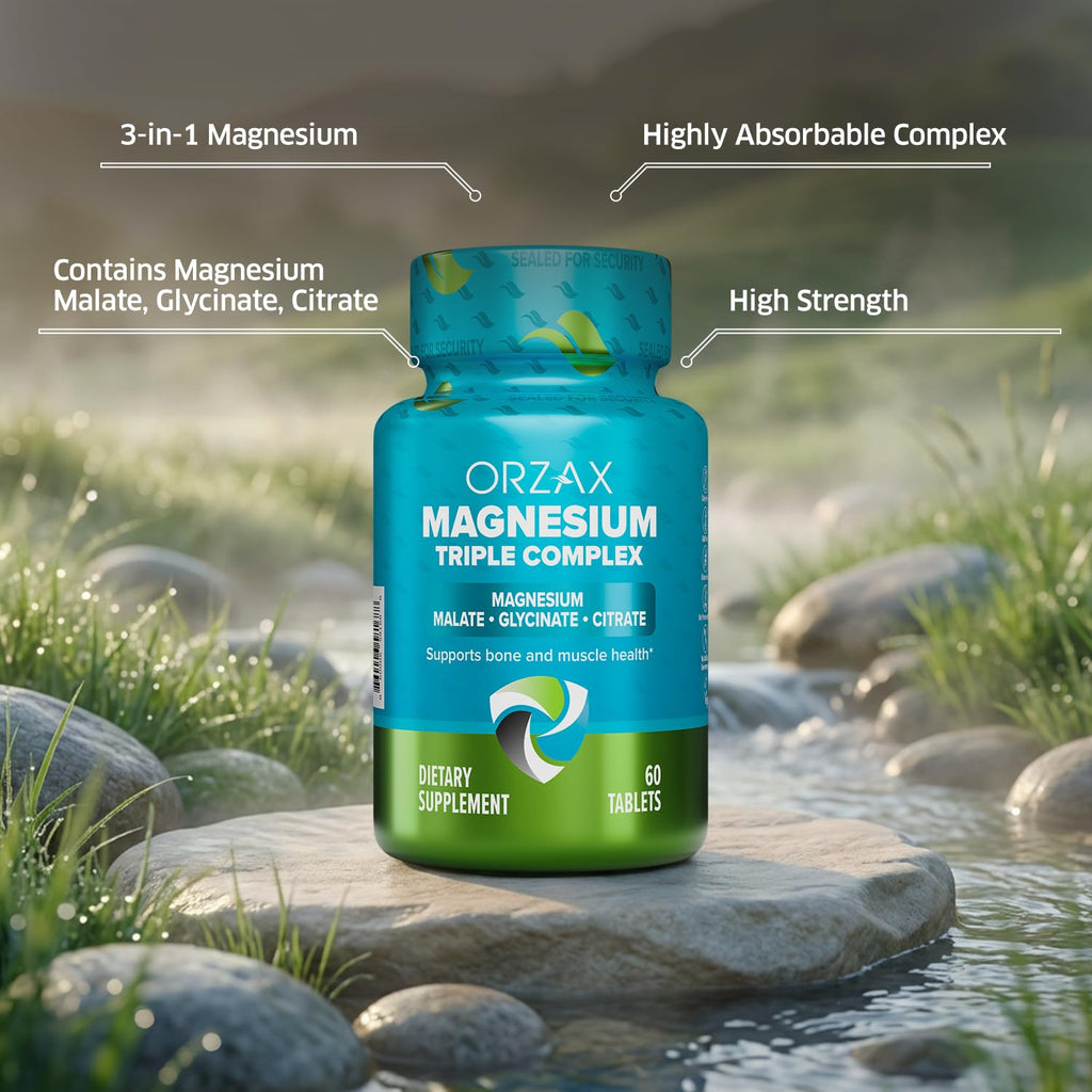 ORZAX Magnesium Triple Complex | Magnesium Glycinate, Citrate, Malate | Vegan, Gluten Free, Dairy Free, Halal | 200 mg of Triple Complex Magnesium for Muscles & Energy for Women and Men | 60 Tablets ORZAX buy supplements Au