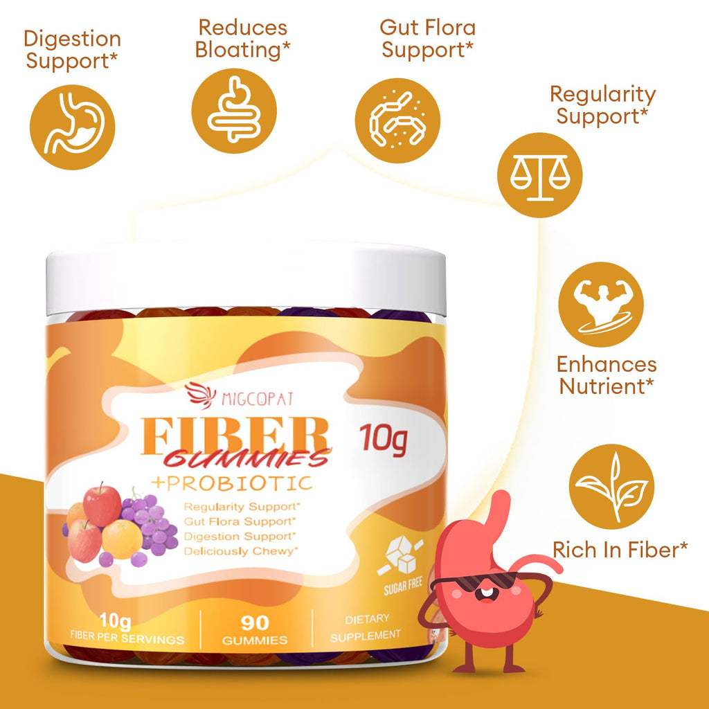 Migcopat 10G Fiber Gummies with Probiotics, Fiber Supplement with 30 Billion CFU Probiotics Blend, ACV, Vitamin C, Inulin - Support Digestive Health