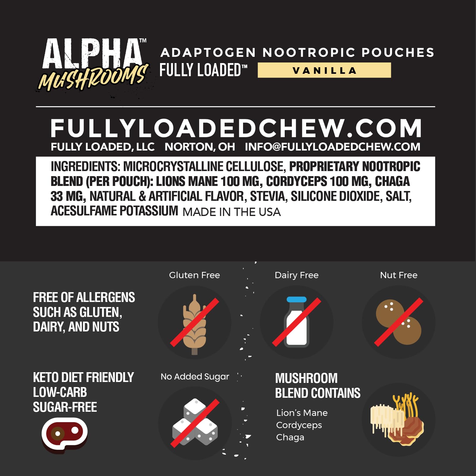 Fully Loaded Alpha Mushrooms - Adaptogen Nootropic Pouches (5-Pack, Mint) - - Lion's Mane, Cordyceps, & Chaga - 5 cans, 15 Pouches per can - Functional Mushrooms - Made in The USA Fully Loaded BullseyeBuy Supplements Australia