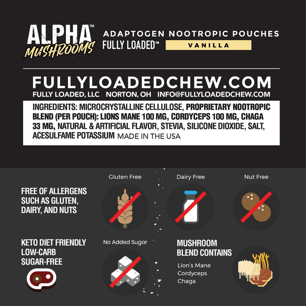 Fully Loaded Alpha Mushroom Pouches - Adaptogen Nootropic Pouches (5-Pack, Vanilla) - Lion's Mane, Cordyceps, & Chaga - 5 cans, 15 Pouches per can - Functional Mushrooms - Made in the USA Fully Loaded BullseyeBuy Supplements Australia