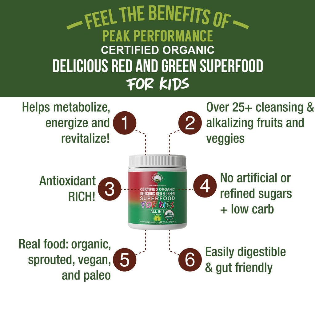 Kids Greens and Reds Superfood Powder. Best Tasting Organic Vegan Super Food Juice with 25+ Real Fruits and Vegetables. Gluten Free Real Food Vitamins. Green and Red Superfoods Supplement for Children Peak PerformanceBuy Supplements Australia