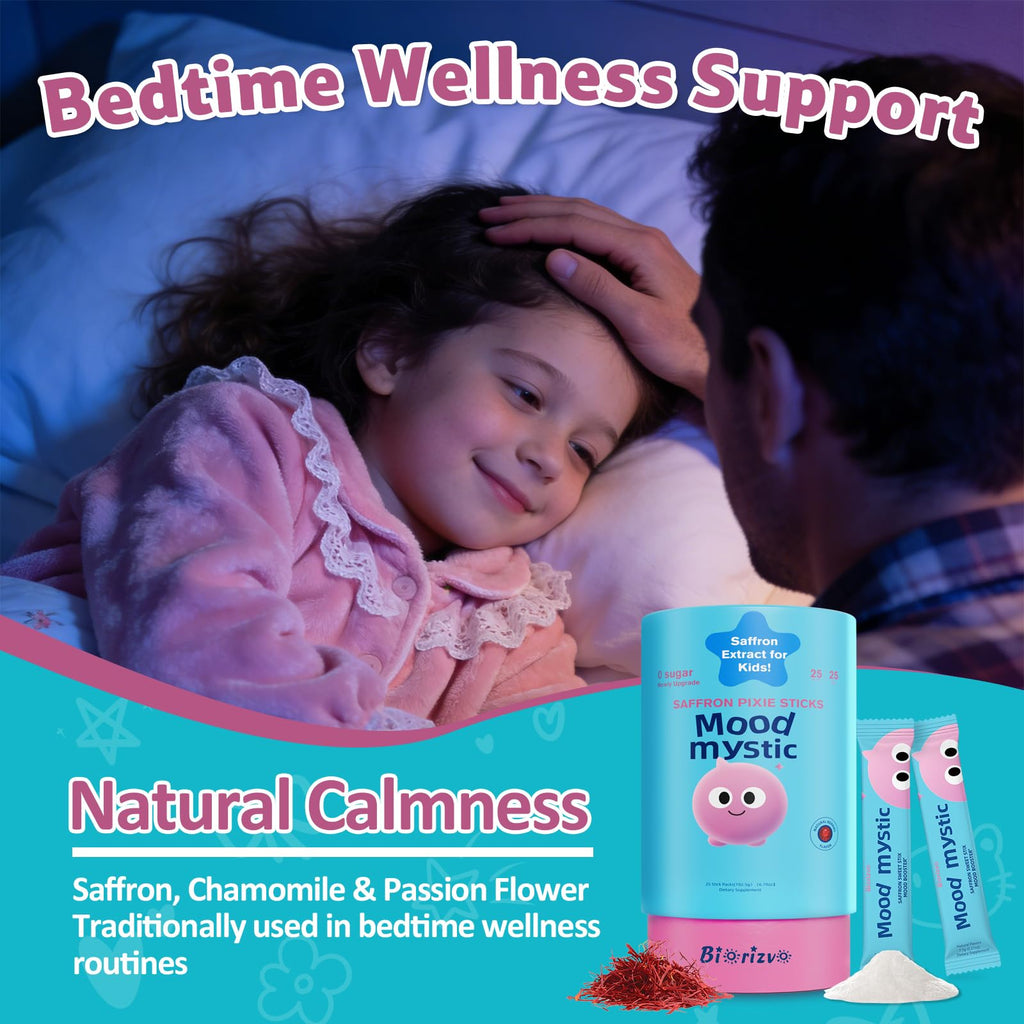 Biorizvo Saffron Drink for Kids - Saffron Exact Drink Mix with GABA, Magnesium & Vitamin D3 - Supports Mood Focus & Sleep, Calms Temper Tantrums, Fruit Punch Drink Sticks Mix for Kids 4+, Sugar-Free Biorizvo buy supplements Au
