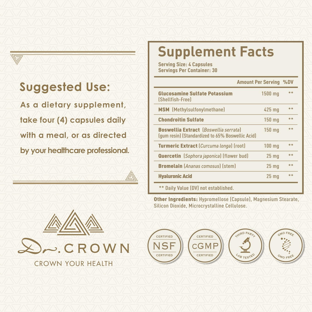 DR. CROWN Joints Health Suppplement, Glucosamine Chondroitin MSM - Joint Support Supplement for Women and Men with Turmeric, MSM &Boswellia, for Cartilage, Joint Health and Flexibility - 120 Capsules DR. CROWNBuy Supplements Australia