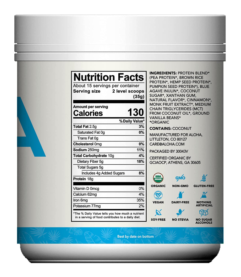 ALOHA Organic Plant Based Protein Powder, Stevia Free, Vanilla, 19.6 oz, 15 Servings PACKAGING MAY VARY