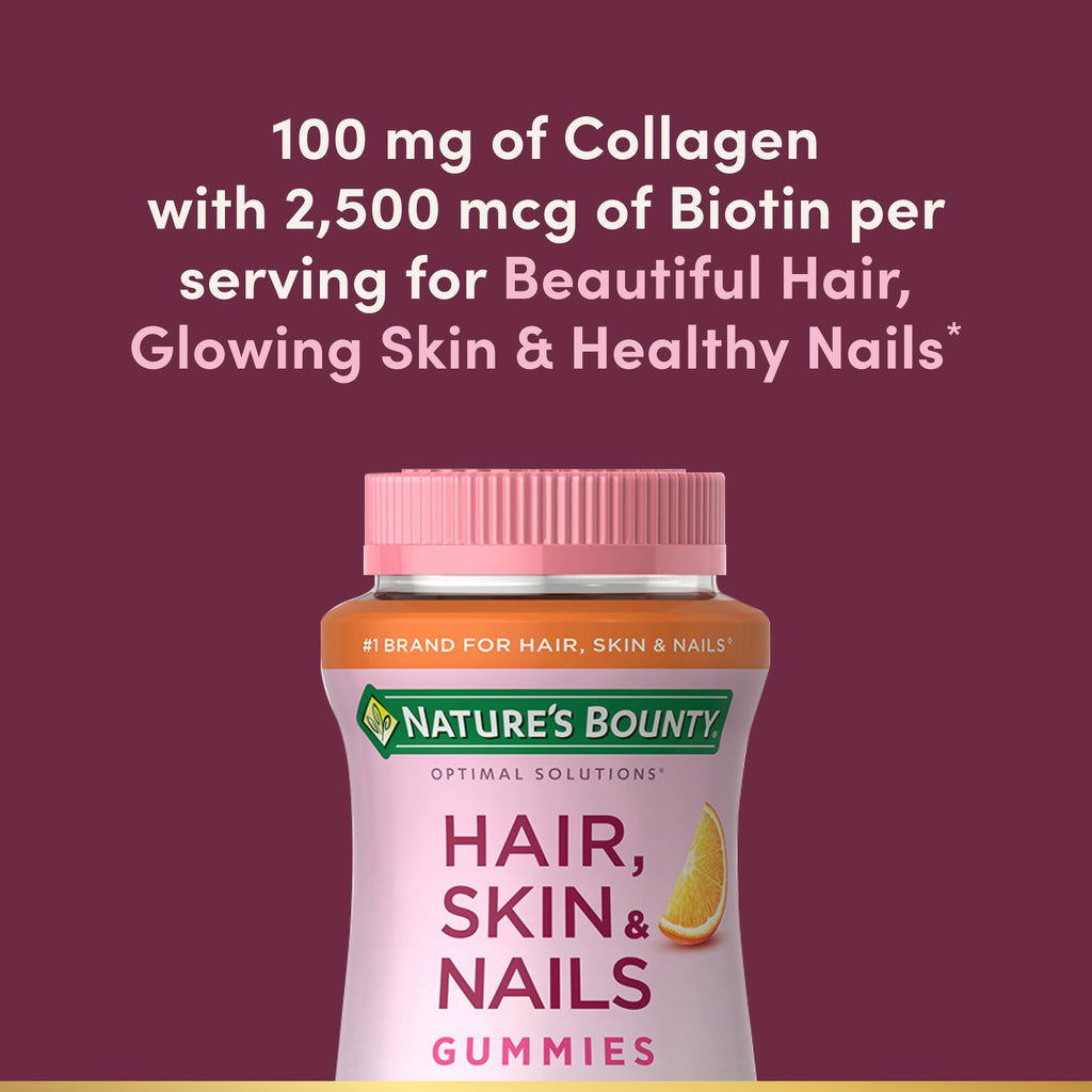 Nature's Bounty Optimal Solutions Hair, Skin & Nails with Biotin and Collagen, Citrus-Flavored Gummies Vitamin Supplement, 2500 mcg, 80 Ct, 40 Total Servings Nature's BountyBuy Supplements Australia