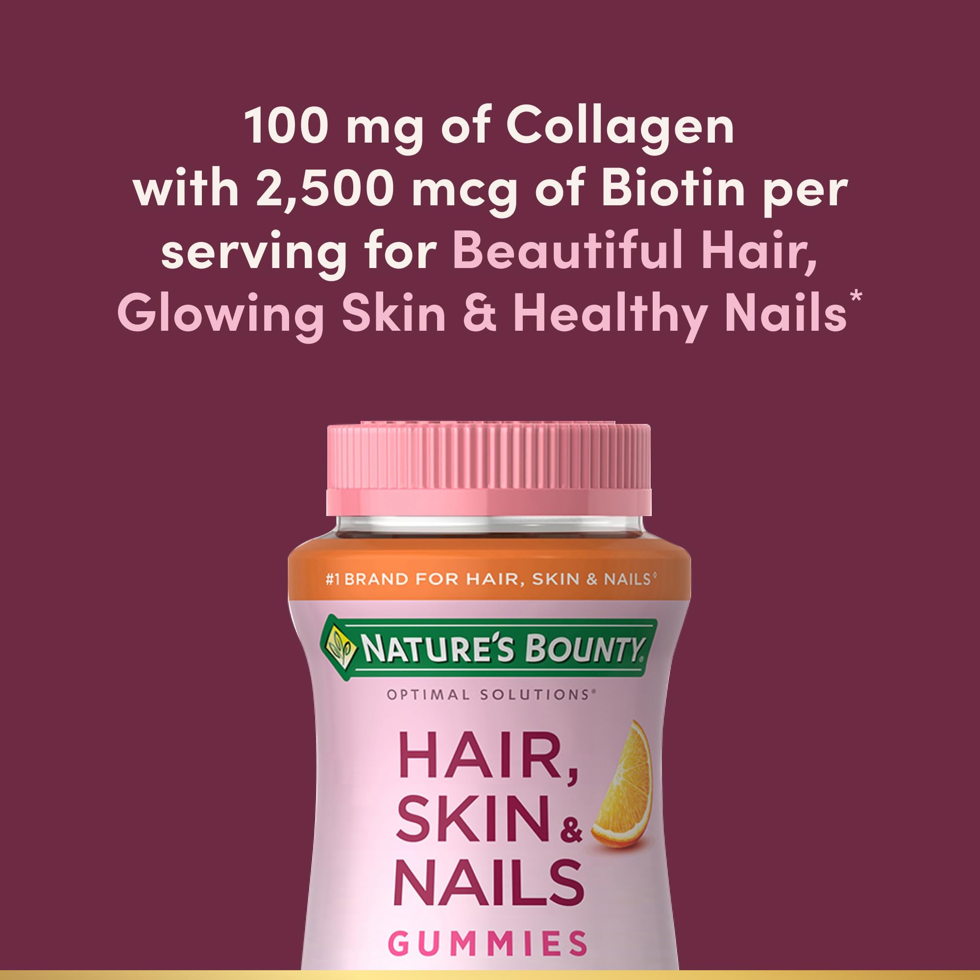 Nature's Bounty Optimal Solutions Hair, Skin & Nails with Biotin and Collagen, Citrus-Flavored Gummies Vitamin Supplement, 2500 mcg, 80 Ct, 40 Total Servings Nature's BountyBuy Supplements Australia