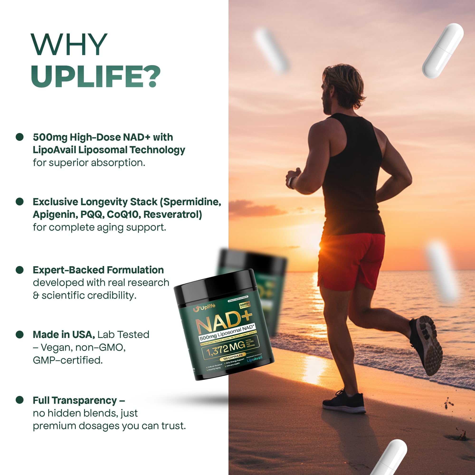 UPLIFE NAD+ Supplement 1,372mg – Liposomal NAD+ with CoQ10, Resveratrol, Spermidine, L-Theanine, Apigenin & PQQ – NMNH Alternative Booster Cellular Energy, Healthy Aging, Immune Health – 120 Capsules UPLIFEBuy Supplements Australia