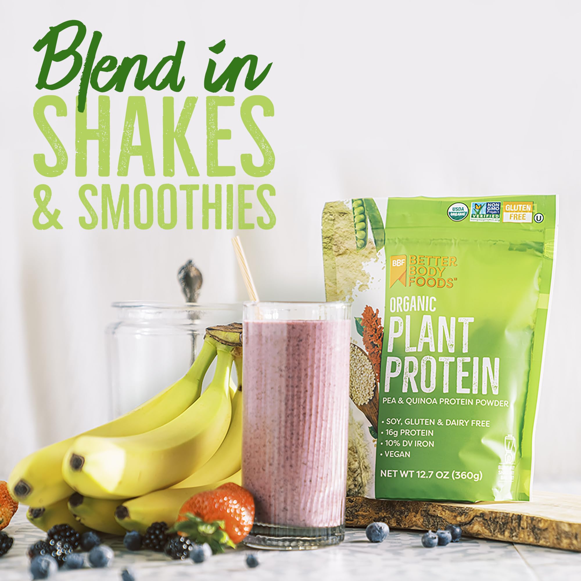 BetterBody Foods Organic Plant Based Protein Powder, 16g of Protein 24% DV, Vegan, Low Net Carbs, Gluten Free, Dairy Free, No Sugar Added, Soy Free, Non-GMO, 12.7 Ounces