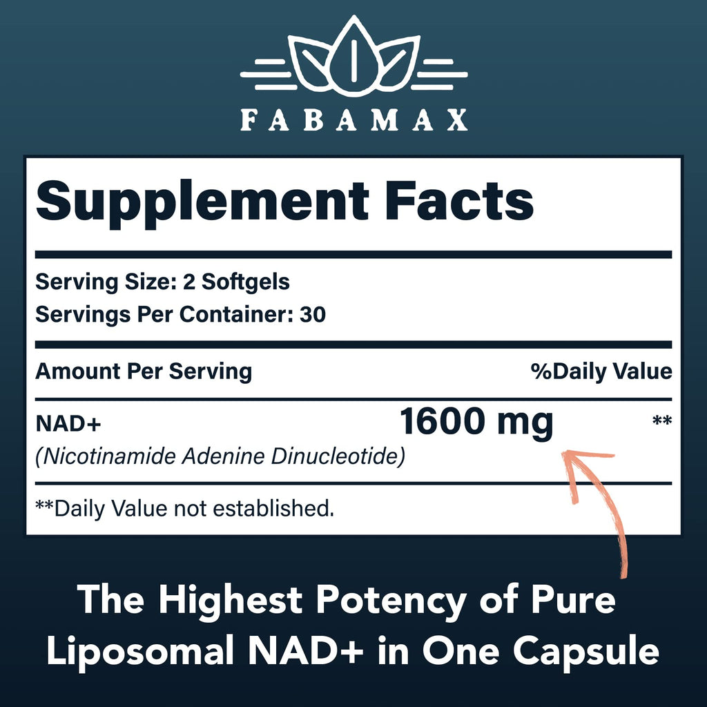 Fabamax 1600 mg Liposomal NAD Supplement, 98% Pure NAD+ Supplement, Superior Absorption, Alternative to Nicotinamide Riboside or NADH to Boost NAD+ for Aging Defense, Energy, Longevity, 120 Softgels FabamaxBuy Supplements Australia