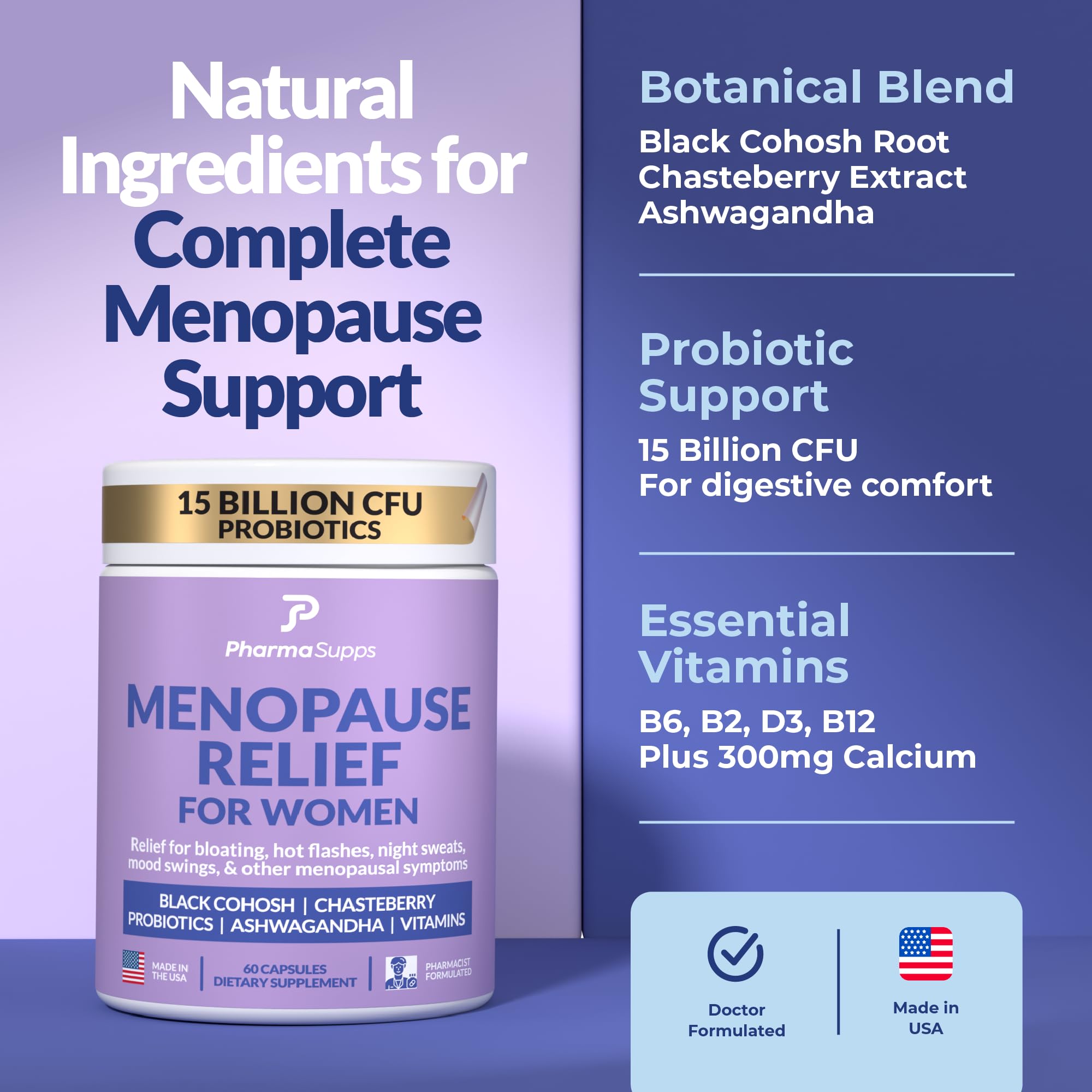 Natural Menopause Supplements for Women - Perimenopause Supplements for Hormonal Balance, Bloating & Mood Swings | Hot Flashes Menopause Relief w/Probiotics & Prebiotics, Black Cohosh & Chasteberry PharmaSuppsBuy Supplements Australia