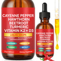 Two bottles of Cayenne Pepper Hawthorn Beetroot Turmeric Vitamin K2 + D3 liquid drops with a dropper on a white background.