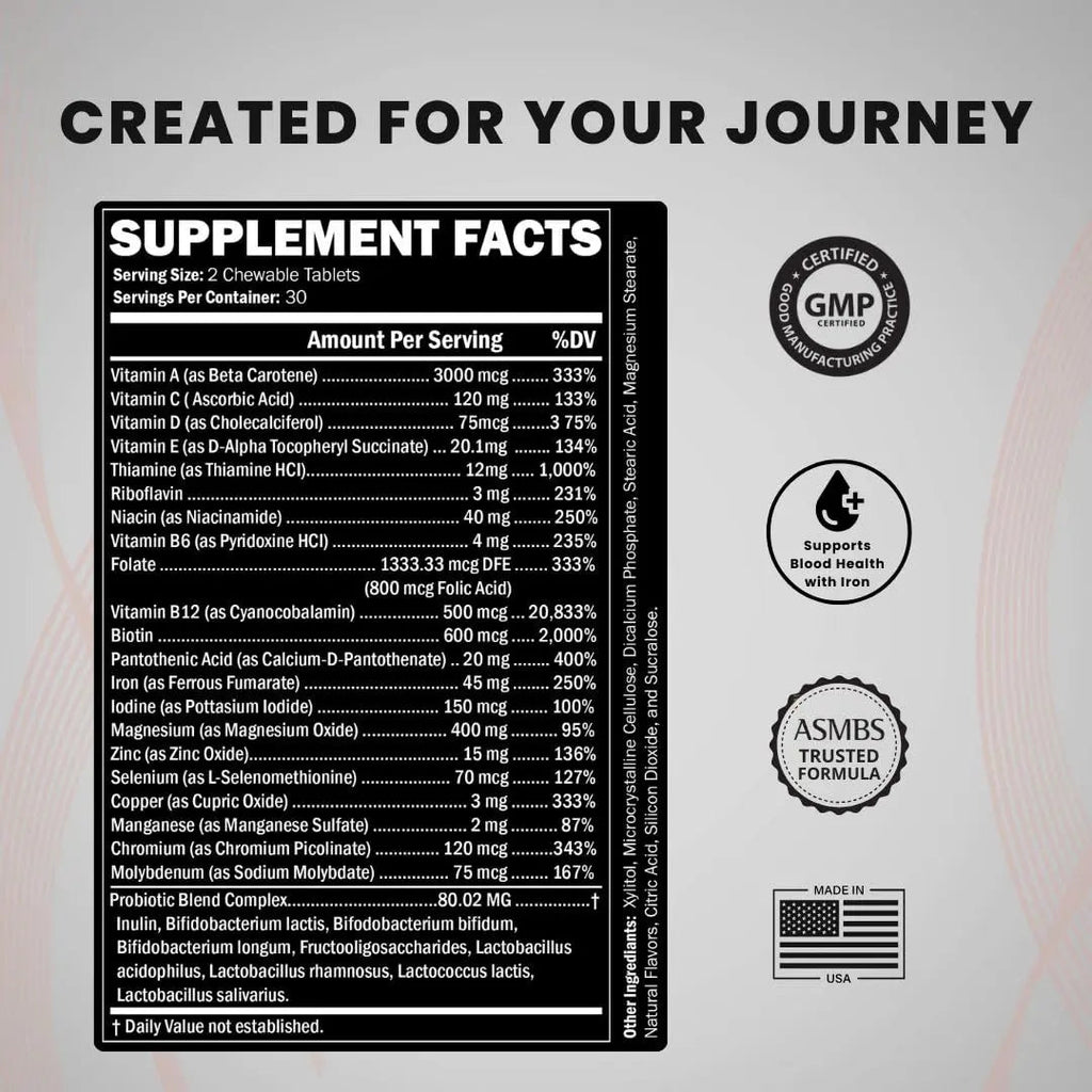Journey Bariatric Multivitamin with Probiotics & Iron – Chewable, Berry (60 Count) Journey Bariatric Vitamins