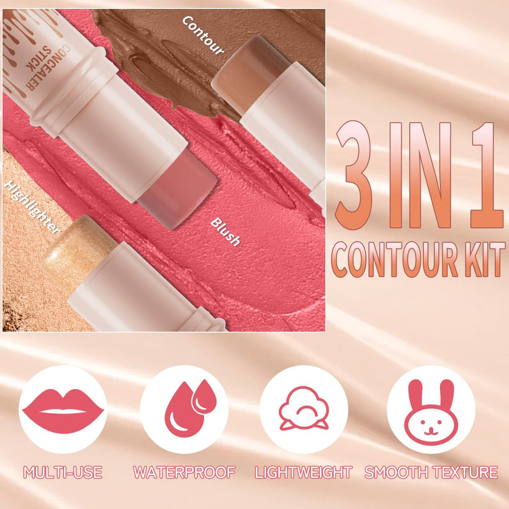 3Pcs Cream Contour Sticks Kit, Highlighter Stick Blush Stick Cream Contour Kit Makeup Set with Brush,Face Brightens & Shades Contour Stick Waterproof for Women QICBuy Supplements Australia