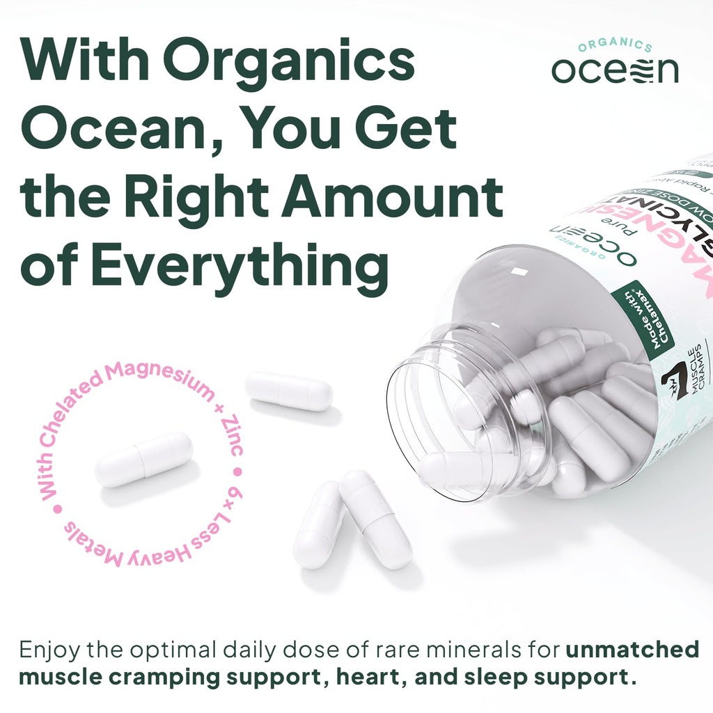 Organics Ocean Pure Magnesium Glycinate with Zinc - Maximum Strength Chelated Magnesium Supplement for Women and Men for Muscle Cramps and Sleep Support - 3 Bottles Organics OceanBuy Supplements Australia
