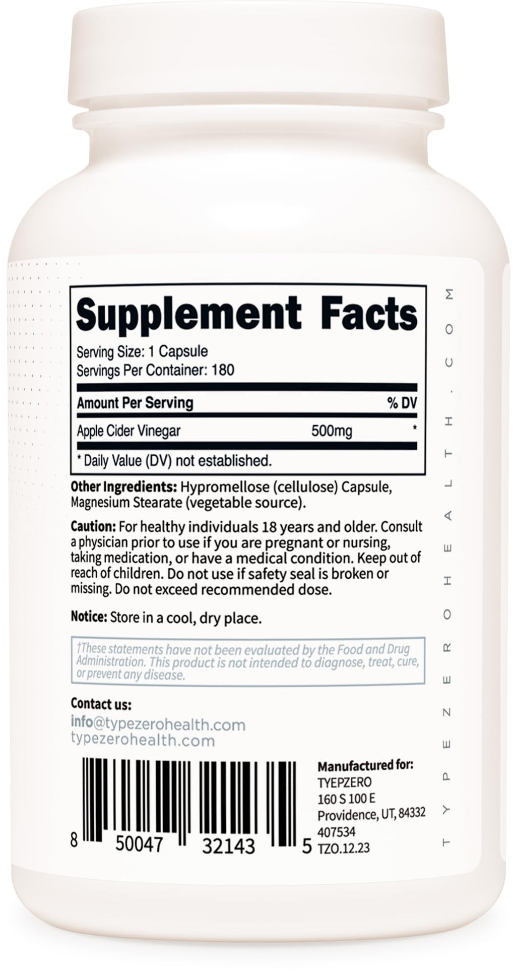 Type Zero Apple Cider Vinegar Capsules (180 Count) 500mg Per Serving - Non-GMO, Gluten-Free Supplement Type ZeroBuy Supplements Australia