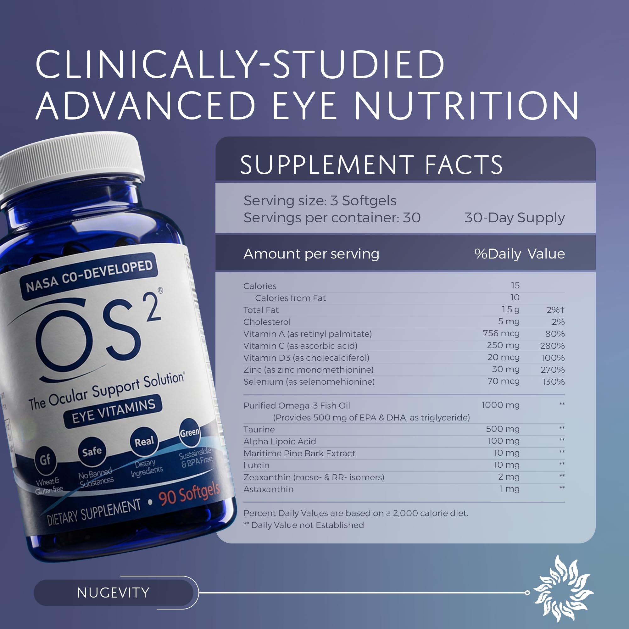 Nugevity OS2 Ocular Support Solution - Patented Eye Vitamins for Macular Health, Dry Eye and Blue Light - Lutein, Zeaxanthin, Omega 3, Astaxanthin and AREDS2 Supplements, Co-Developed by NASA, 90 ct NugevityBuy Supplements Australia