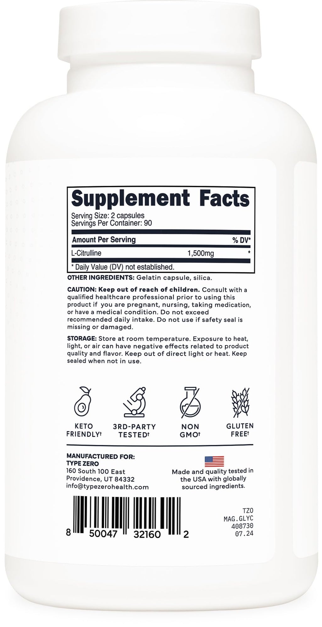 Type Zero L-Citrulline Capsules (180 Capsules) (1500 mg per Serving) - GMO-Free Type ZeroBuy Supplements Australia