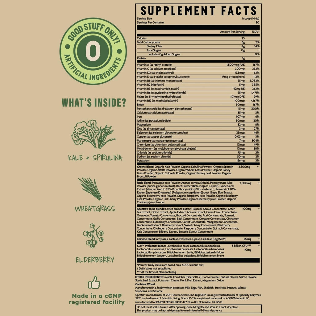 Earth Fed Muscle Chocolate Greens & Reds Superfood Blend Earth Fed MuscleBuy Supplements Australia