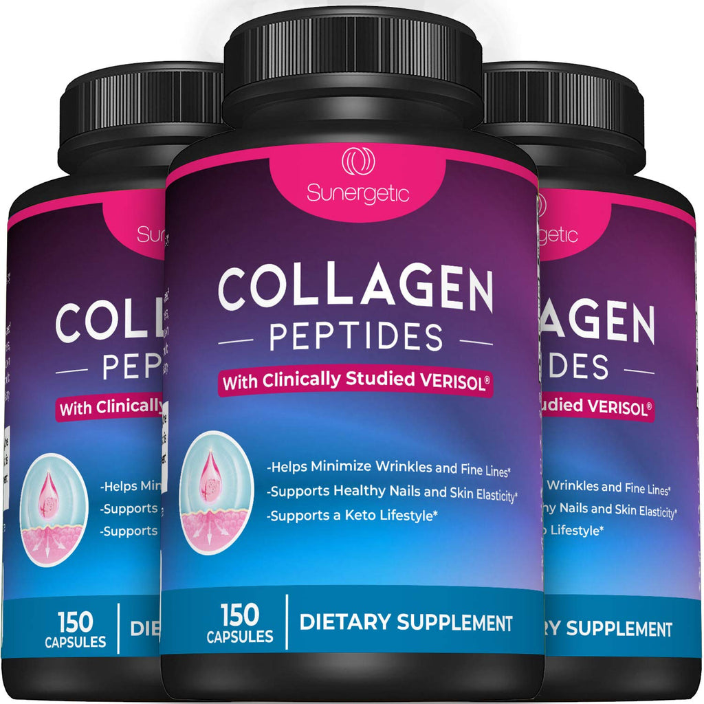 Sunergetic Premium Collagen Peptides Capsules – 2500 mg of VERISOL Collagen Peptides Type 1 & Type 3 – Multi Collagen Supplement to Support Joint Health, Hair, Skin & Nails – 150 Collagen Capsules Sunergetic buy supplements Au
