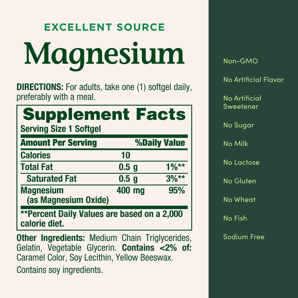 Nature's Bounty Magnesium 400 mg Softgel, Whole Body Support, Magnesium Supplements for Men and Women, Heart, Nerve & Bone Health, 75 Softgels (Pack of 1) Nature's BountyBuy Supplements Australia