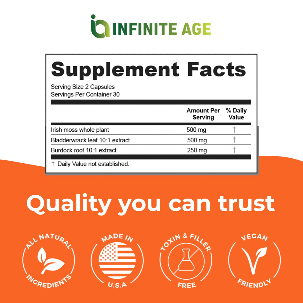 INFINITE AGE 1250mg Sea Moss Advanced Superfood Capsules, 60 Count - High-Potency, Vegan, Made in The USA - Irish Seamoss, Bladderwrack,