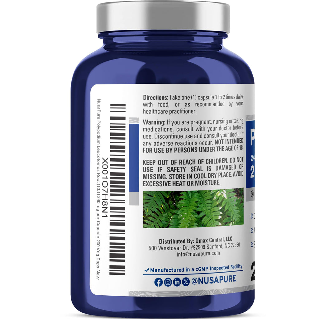 NusaPure Polypodium Leucotomos 10:1 Extract, 240 mg Equivalent to 2400mg 200 Veggie Capsules (Vegetarian, Non-GMO, Vegan) NusaPureBuy Supplements Australia