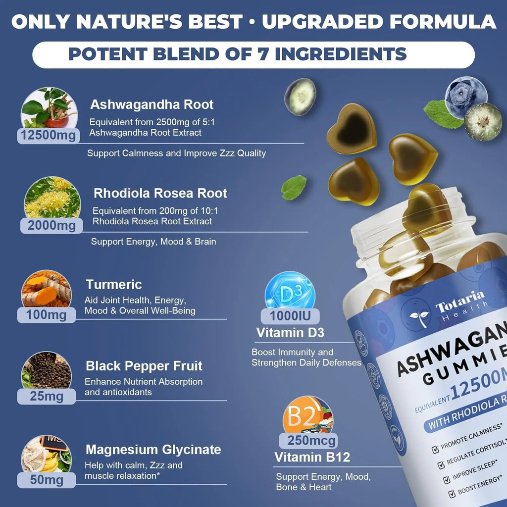 (2 Packs) Sugar Free Ashwagandha Filled Gummies w/Vitamin D3, Magnesium Glycinate, Rhodiola, Ultra Strength Ashwa Root Supplements for Women & Wen, for Relaxation, Energy, Cortisol Gummies TotariaBuy Supplements Australia