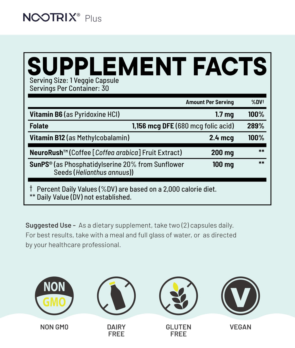 Nootrix Brain Plus Nootropic Supplement | Supports Memory, Mental Focus, Cognitive Health & Energy | Promotes Healthy Mood & Brain Function | Vitamin B1, Vitamin B6 & Vitamin B12 | 30 Capsules NootrixBuy Supplements Australia