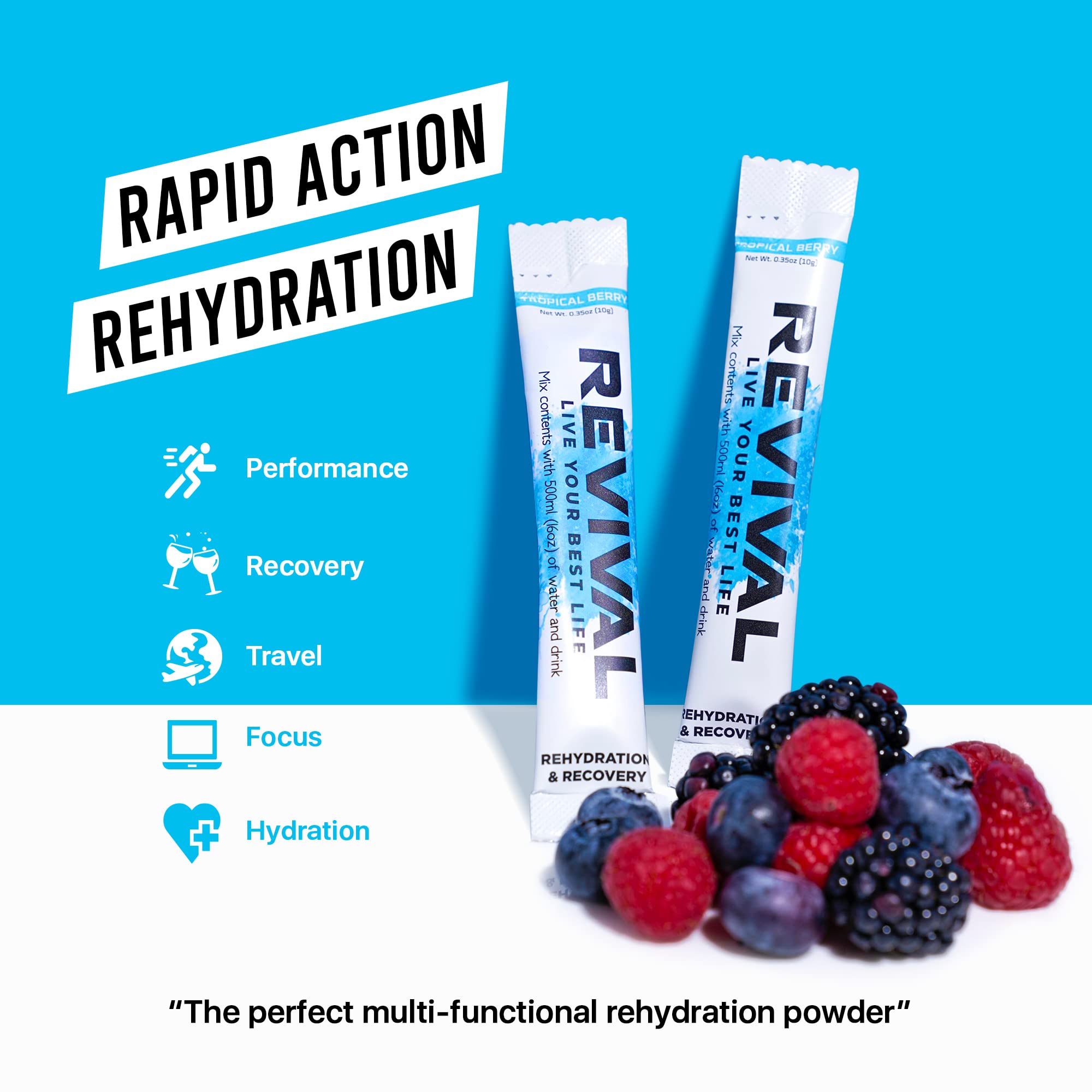 Revival Rapid Rehydration, Electrolytes Powder - High Strength Vitamin C, B1, B3, B5, B12 Revival ShotsBuy Supplements Australia